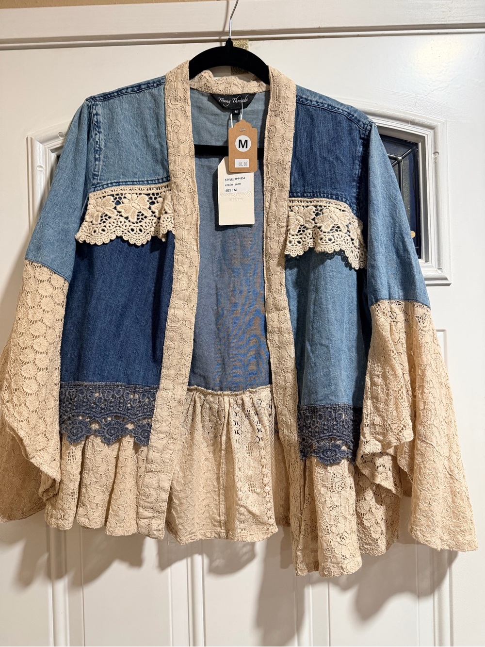 Vintage-Inspired Lace Trim Denim Jacket - Cream & Blue